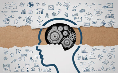 Conceptual representation of brain mechanics creative thoughts and ideas with gears and sketches illustrated