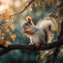 Obraz premium Cute squirrel holding acorn, sitting still on tree branch in morning light 