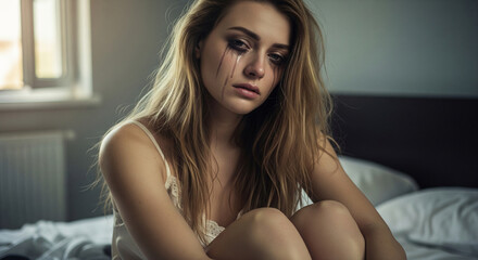 Obraz premium Abandoned sad young charming woman in lingerie sitting on bed with smeared mascara on teary eyes, concept of separation and quarrel of lovers