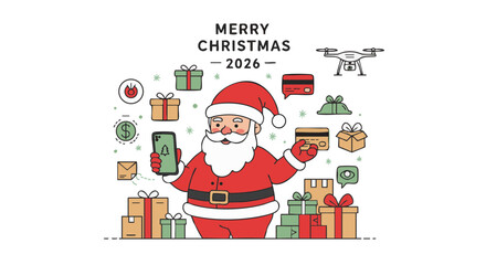 Santa Claus online shopping outline vector red green e-commerce