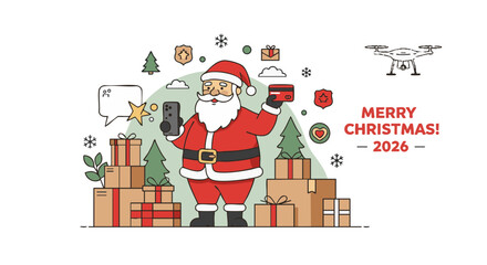 Santa Claus online shopping outline vector red green e-commerce