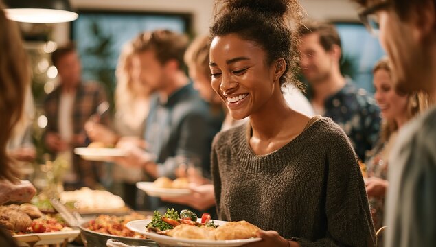 Office Potluck Scene with Diverse Group Enjoying Food and Conversation – Focus on Happy Woman Holding Plate in Warm Atmosphere