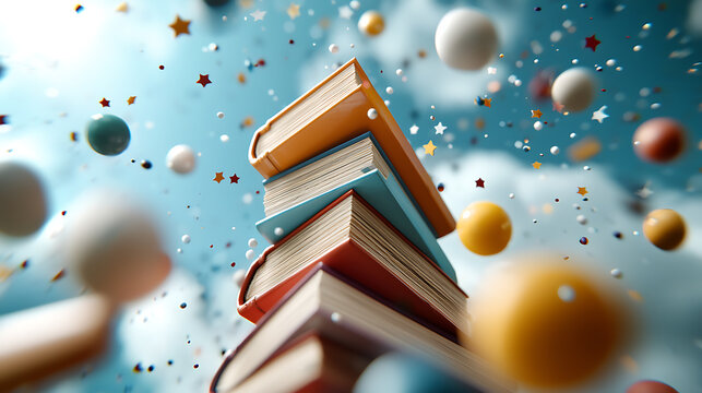 Books in flight colorful literary adventure imaginative sky digital art whimsical scene upward perspective