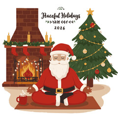 Santa Claus meditating flat vector cozy red green beige peaceful