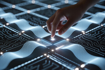 Digital transformation concept hand interacting with glowing circuit board representing innovation and technological advancements