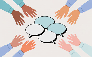 Diverse hands surrounding speech bubbles illustrating communication collaboration and discussion with inclusive community engagement concept
