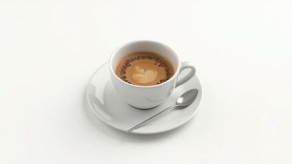 White coffee cup with latte art on a saucer.