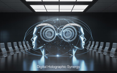 Futuristic digital synergy conceptualizing human intelligence in a modern conference room with holographic representations