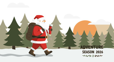 Santa Claus solo winter hike flat vector red beige forest 2026