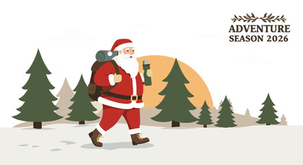 Santa Claus solo winter hike flat vector red beige forest 2026
