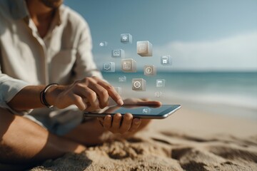 A person sitting on a beach using a tablet with digital icons floating above it, representing technology and the digital world
