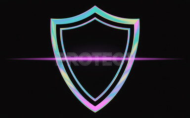 Holographic shield symbol with protect text featuring vibrant iridescent colors and futuristic design on a black background