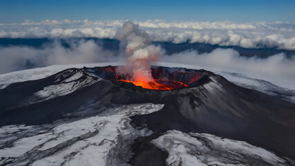 Stark Icelandic Volcano with Swirling Smoke and Glacial Ice Over Rugged Lava Terrain