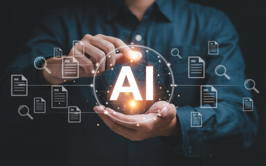 Man holding ai symbol with documents illustrating artificial intelligence and information technology future concepts