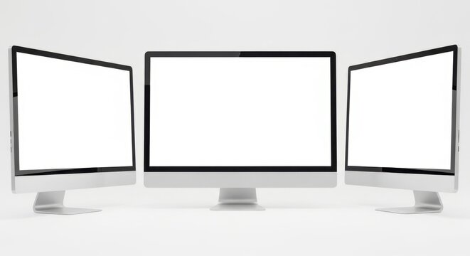 Three modern computer monitors with blank white screens arranged in a row, isolated on white background - Powered by Adobe