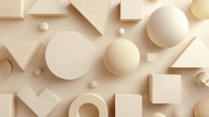 Abstract 3D geometric shapes in soft beige background.