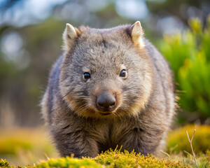 Obraz premium Common wombat resting in grassy woodland
