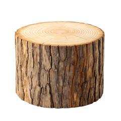 Natural wooden tree stump slice with rough bark and growth rings isolated on transparent background