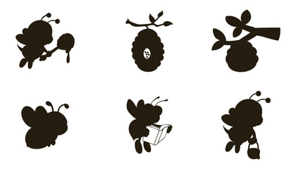 Cute cartoon bee silhouettes engaged in various activities like eating honey reading and carrying a basket