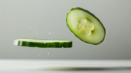 Airy cucumber rings with water drops hover on soft gray-white background, perfect clean food design