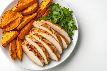 Grilled chicken breast slices served with baked sweet potato wedges and parsley on white plate