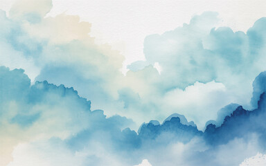 Watercolor abstract artwork featuring light blue and teal cloud formations on a white background for graphic design.