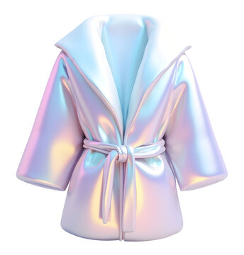 Glamorous iridescent robe coat, puffy futuristic fashion statement of luxury