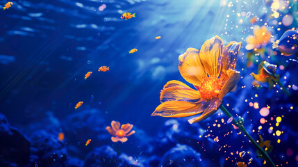 Shining floral beauty glows below sea, touched by light rays and golden aquatic sparkle