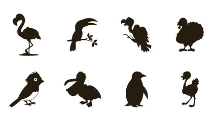 Collection of eight distinct bird silhouettes on a white background
