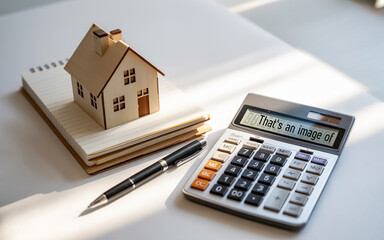 Wooden house model on notepad with a pen alongside a calculator showing the phrase that's an image of and concepts of real estate