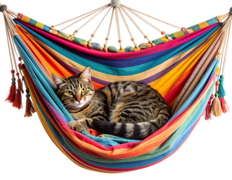 Playful Tabby Cat Curled Up in Colorful Fabric Hammock, Top-Down Angle, PNG Cutout