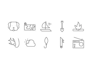 Hunting & fishing outline icon set. Containing hunting, fishing, adventure, camping, animal, fish, nature, and more. editable stroke. vector illustration
