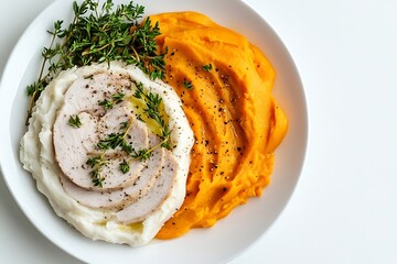 Elegant plated turkey breast with mashed sweet potatoes and herbs, culinary delight