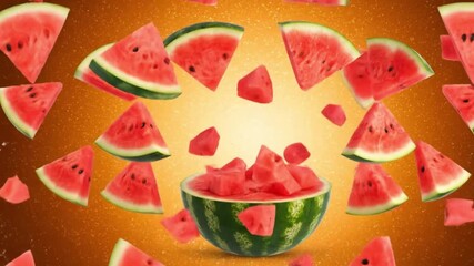 Watermelon slices and cubes falling around a halved watermelon The background is a gradient of orange and yellow - Powered by Adobe