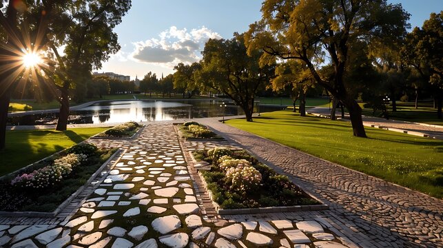 Panoramic view of a vibrant summer park with sunlit lake, vibrant green trees lining the banks, and a rustic stone path lined with blooming flowers