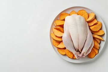 Raw chicken and sweet potatoes on plate ready for roasting, preparing healthy meal