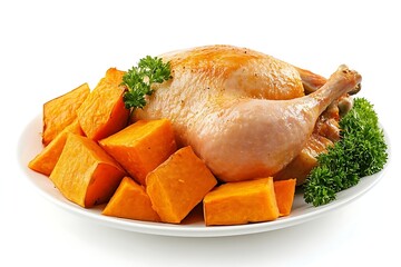 Roasted chicken with butternut squash on a white plate for a delicious and healthy meal