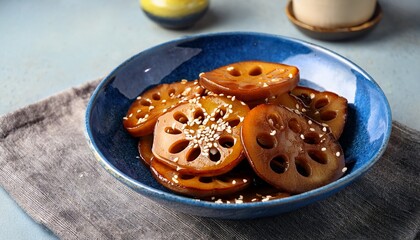 delicious glazed lotus root slices with sesame seeds in blue ceramic bowl