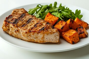 Grilled swordfish steak with roasted sweet potatoes and arugula on a white plate, healthy meal