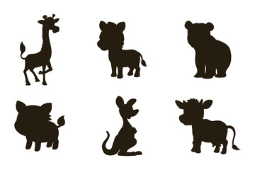 Collection of six cute animal silhouettes on a white background