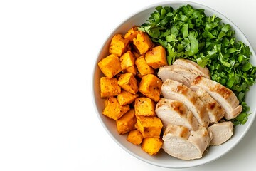 Healthy bowl with chicken, sweet potato and greens for balanced diet and nutrition