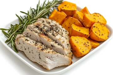 Sliced chicken breast with roasted sweet potatoes and rosemary for a healthy meal