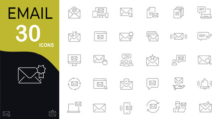 E-mail and Letter line icon set. Set of 30 outline icons related to mail, email, postal letter and others. Vector illustration. Linear icon collection. Email outline icon collection. Editable stroke. 