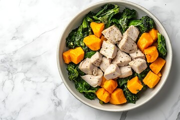Healthy chicken bowl with sweet potatoes and kale for balanced nutrition and wellness