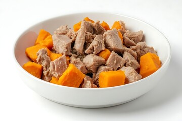 Bowl of cubed butternut squash and cooked meat for nutritious meal preparation
