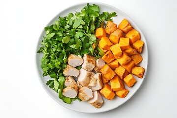 Chicken sweet potato salad overhead shot on white plate for balanced nutrition and dietary fiber