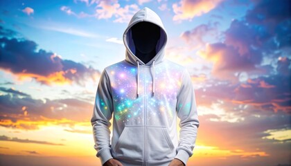 Silhouette Figure Wearing Glowing Translucent Hoodie Against Sunset Sky with Colorful Cloud and Star Patterns