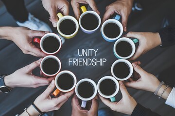 Hands holding coffee cups in a circle symbolize unity and friendship