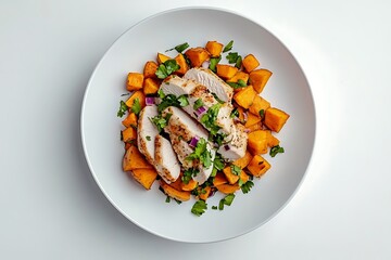 Healthy chicken and sweet potato dish with fresh herbs in a white bowl, overhead shot