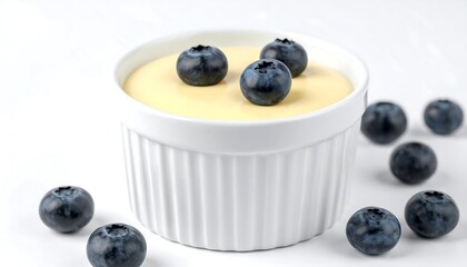 Blueberry custard dessert in a white ramekin.